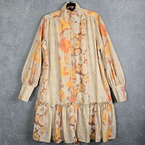 Beulah Style Floral Midi Dress OS Drop Waist Neutral Pastel Multicolor Peasant - Picture 1 of 10